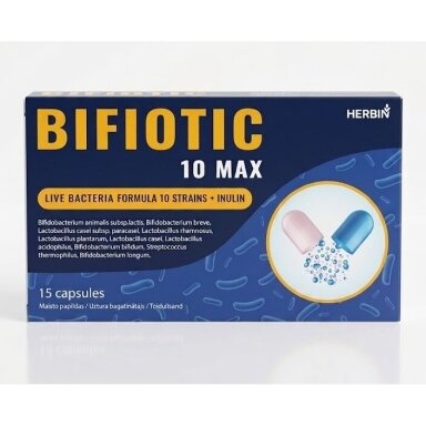 Maisto papildas Bifiotic 10 rūšių gyvybingų bakterijų kompleksas su inulinu, 15 kapsulių Maisto papildas Bifiotic 10 rūšių gyvybingų bakterijų kompleksas su inulinu, 15 kapsulių