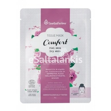 ESENTIALAROMS COMFORT intensyviai drėkinanti lakštinė kaukė sausai odai su viduržemio jūros šlamučių, hialurono rūgštimi ir raudonaisiais dumbliais ESENTIALAROMS COMFORT intensyviai drėkinanti lakštinė kaukė sausai odai su viduržemio jūros šlamučių, hialurono rūgštimi ir raudonaisiais dumbliais