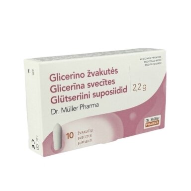 Glicerino rektalinės žvakutės 2,2 g, 10 vnt. "Dr. Muller" Glicerino rektalinės žvakutės 2,2 g, 10 vnt. "Dr. Muller"