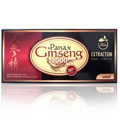 Kininis ženšenis 2000 mg (Panax ginseng), 10 buteliukų po 10 ml.
