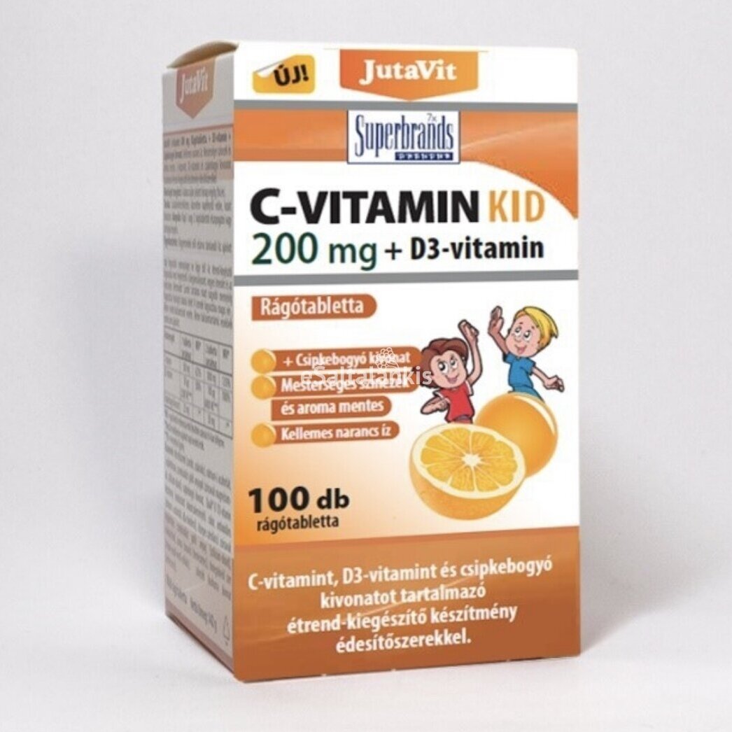 Maisto papildas Vitaminas C 200 mg. KID + Vitaminas D3 + Erškėtuogių ekstraktas 100 kramtomųjų tab. "JutaVit"