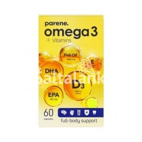 Maisto papildas Omega-3 žuvų taukai + vitaminas D3 ir E, 60 kap.