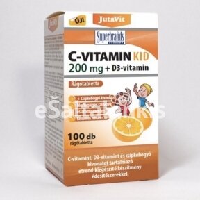 Maisto papildas Vitaminas C 200 mg. KID + Vitaminas D3 + Erškėtuogių ekstraktas 100 kramtomųjų tab. "JutaVit"