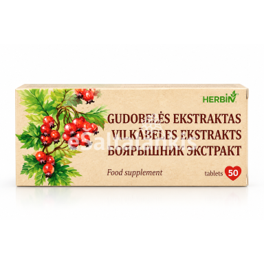 Maisto papildas Herbin Vienapiesčių gudobelių žiedų ir lapų ekstraktas 200 mg, 50 tablečių