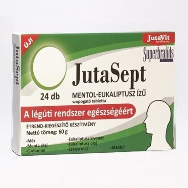 Maisto papildas "JutaSept" mėtų skonio pastilės su mentoliu, eukaliptais, šalavijumi ir vitaminu C, 24 pastilės Maisto papildas "JutaSept" mėtų skonio pastilės su mentoliu, eukaliptais, šalavijumi ir vitaminu C, 24 pastilės