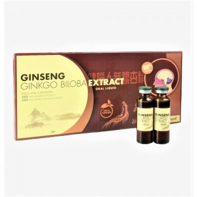 Maisto papildas Ženšenis + Ginko biloba ekstraktas 10 buteliukų po 10ml.