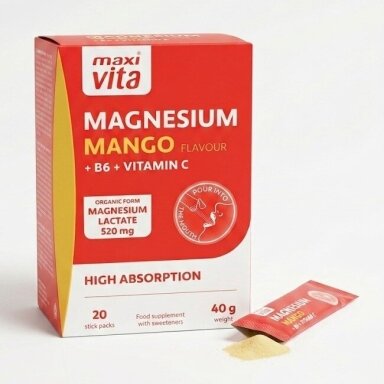 Masto papildas Magnesium Mango su vitaminais B6 ir C. 20 pakelių Masto papildas Magnesium Mango su vitaminais B6 ir C. 20 pakelių