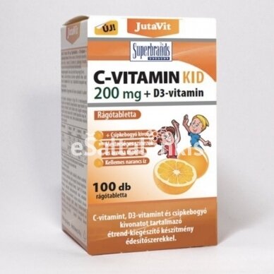 Maisto papildas Vitaminas C 200 mg. KID + Vitaminas D3 + Erškėtuogių ekstraktas 100 kramtomųjų tab. "JutaVit" Maisto papildas Vitaminas C 200 mg. KID + Vitaminas D3 + Erškėtuogių ekstraktas 100 kramtomųjų tab. "JutaVit"